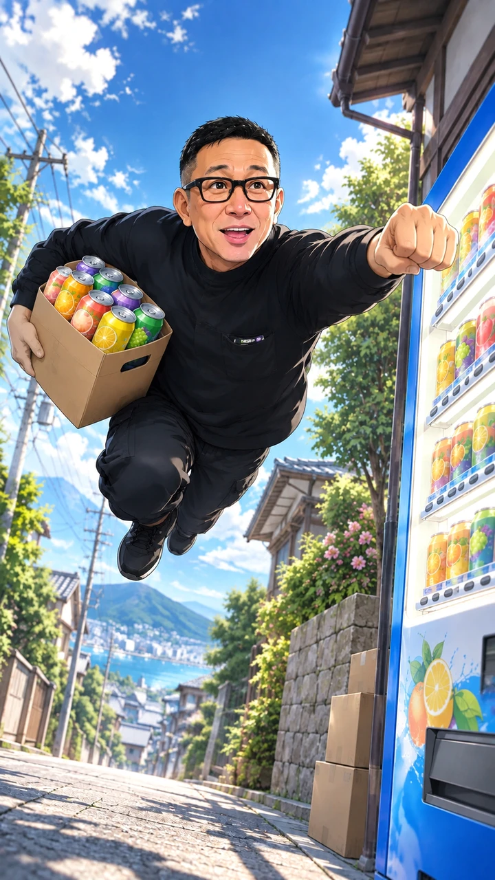 空を飛びながら次の自動販売機へ向かう西井くん