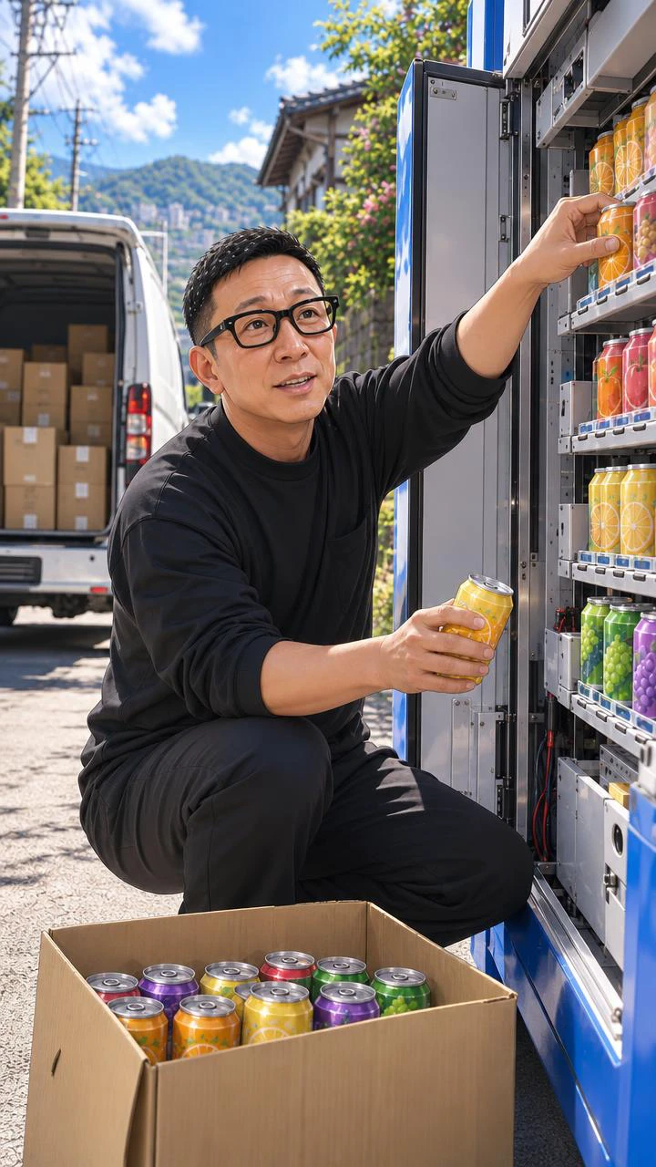 自動販売機へ補充する西井くん
